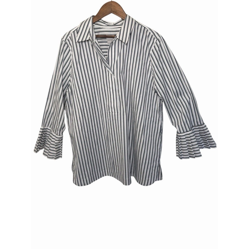 Chico's Blouse Women 2 L White Blue Striped Pleated Bell Sleeve V-Neck 570342186